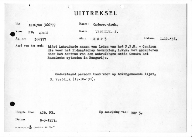 BVD rapport S. Vestdijk b - 1956